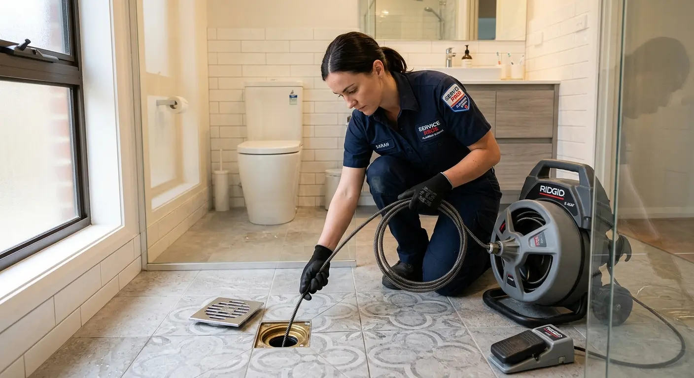Technician clearing a bathroom floor drain for Hydro Jetting in Wade Hampton